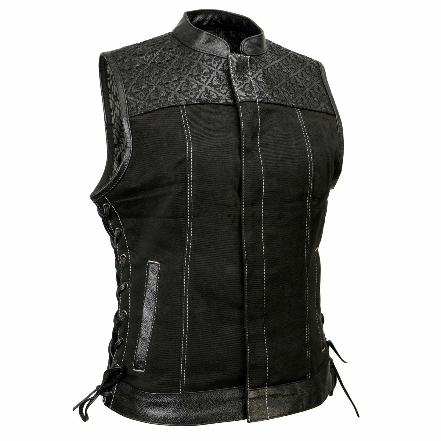 Women's 'Skelly' Black Motorcycle Denim Vest W/ Skull Embroidery