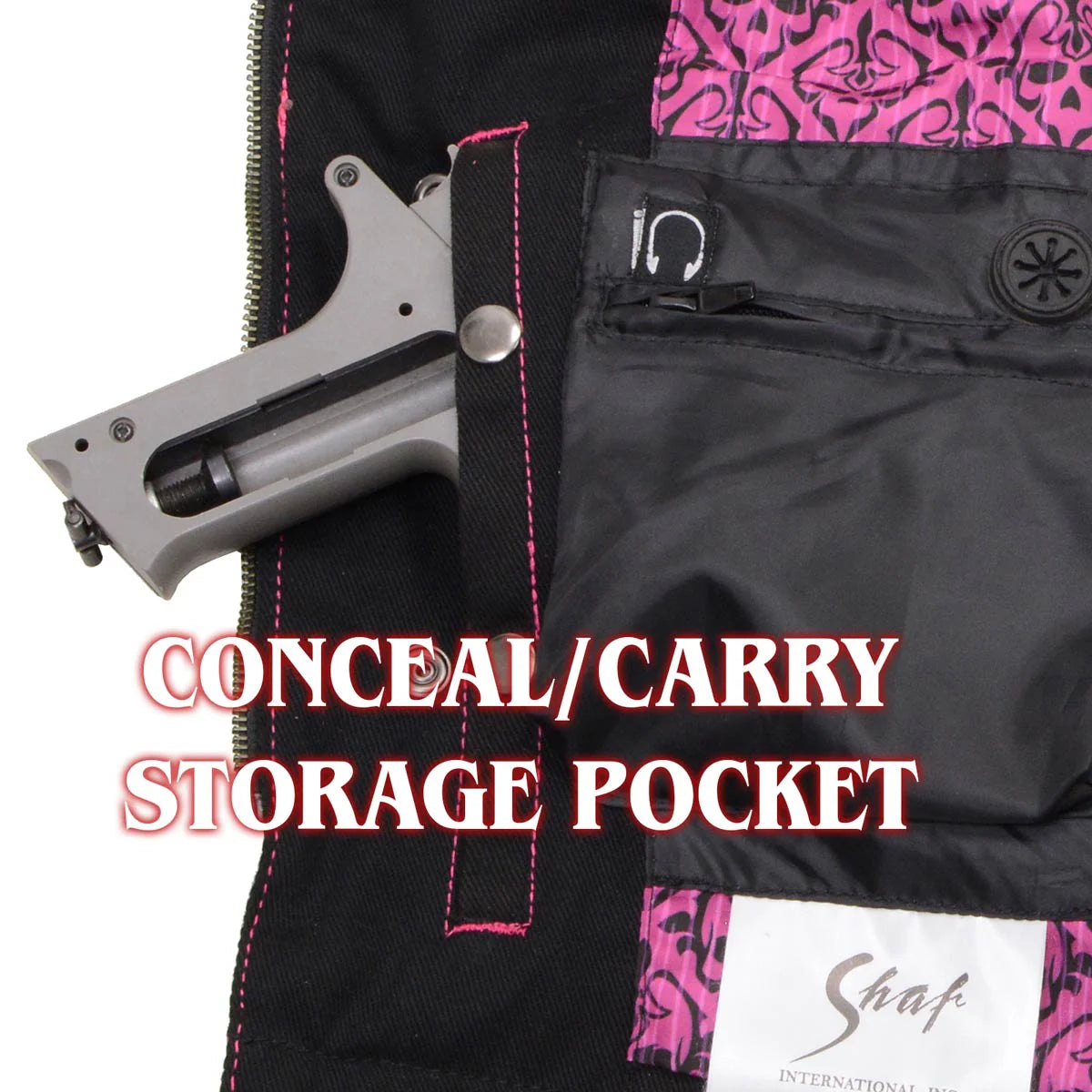 Women's 'Skelly' Black with Pink Motorcycle Denim Vest w/ Skull Embroidery