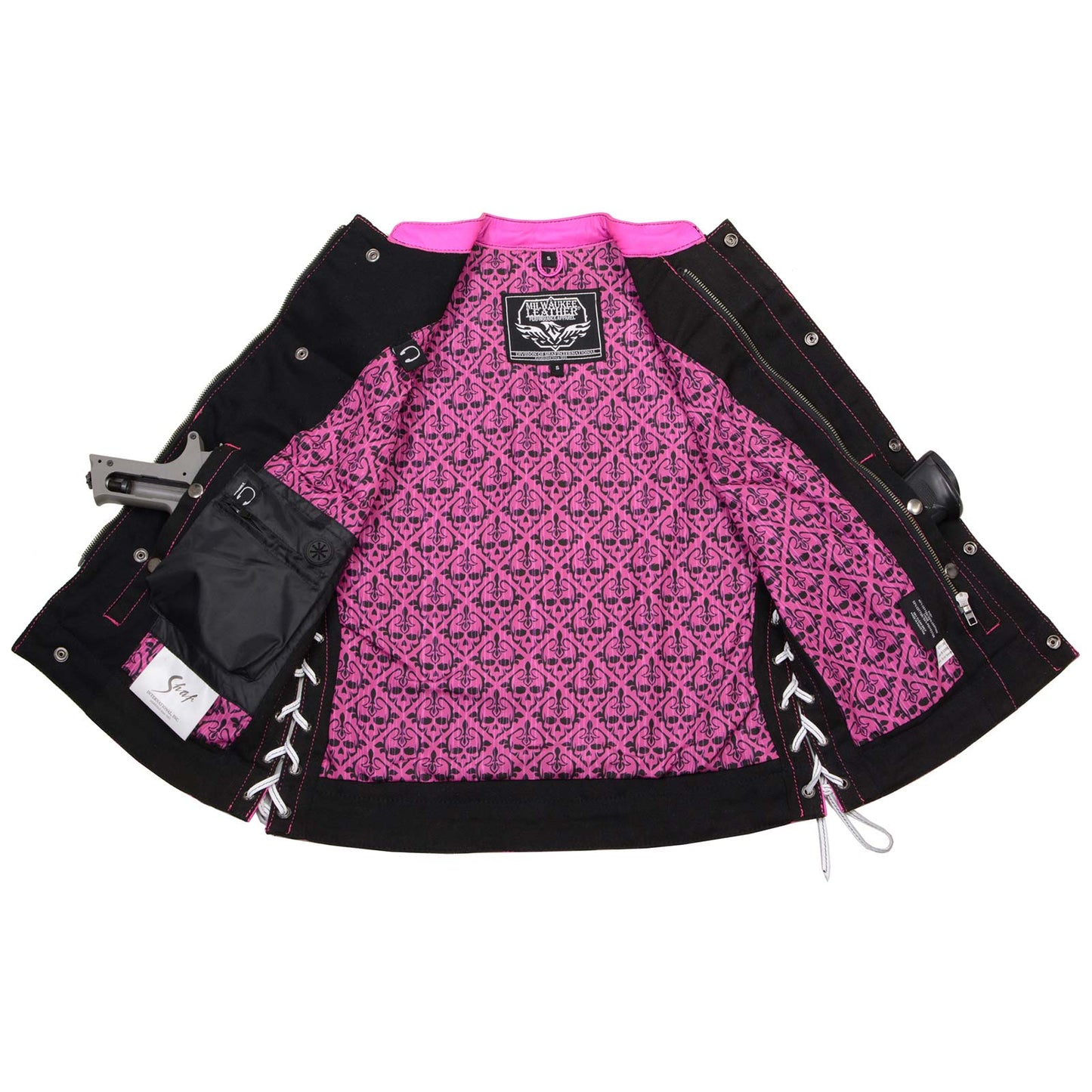 Women's 'Skelly' Black with Pink Motorcycle Denim Vest w/ Skull Embroidery