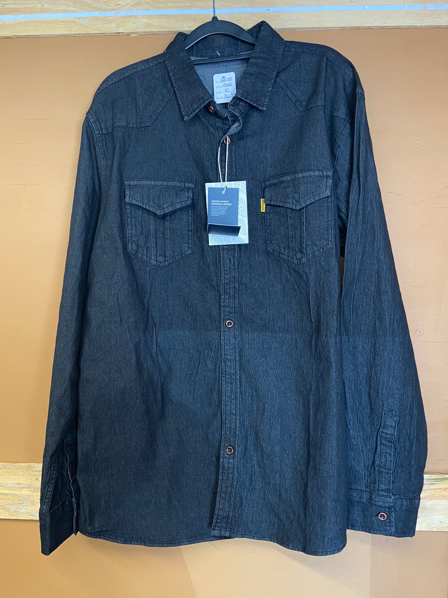 Long Sleeve Black Faux Denim Button Up