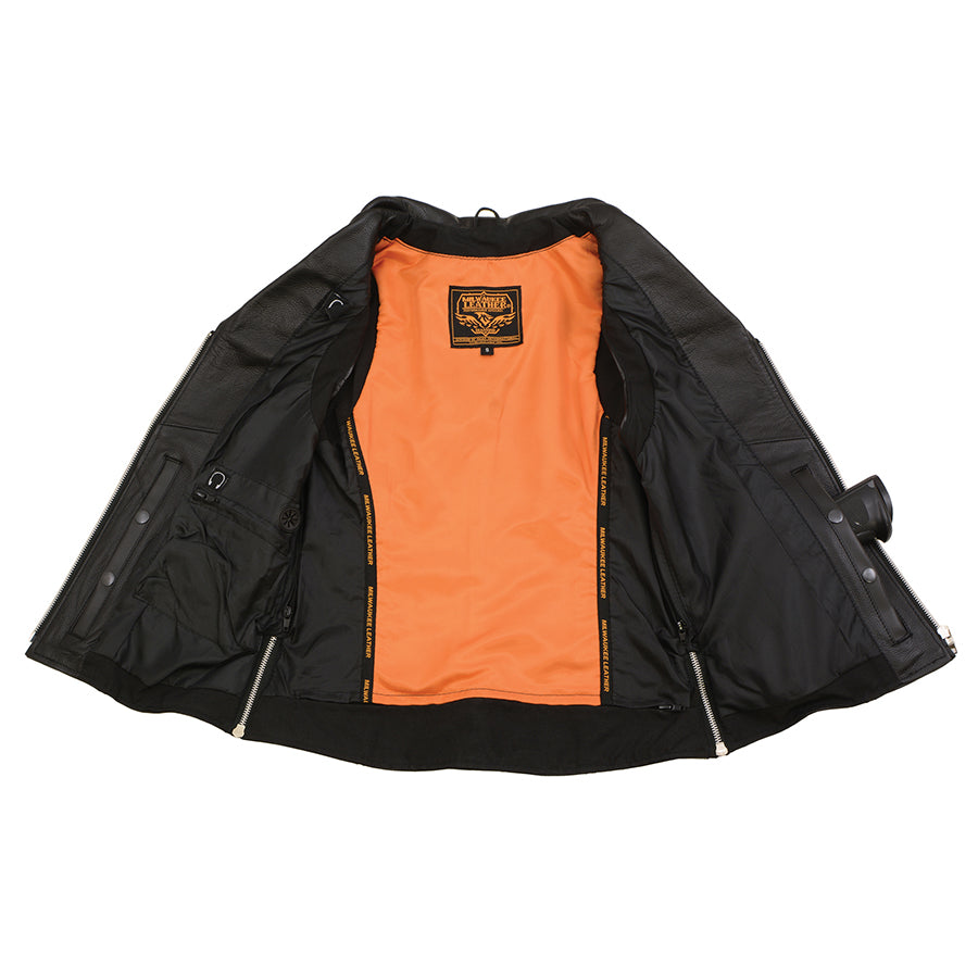 Ladies Leather Zipper Front Vest with Riveted M/C Lapel Collar