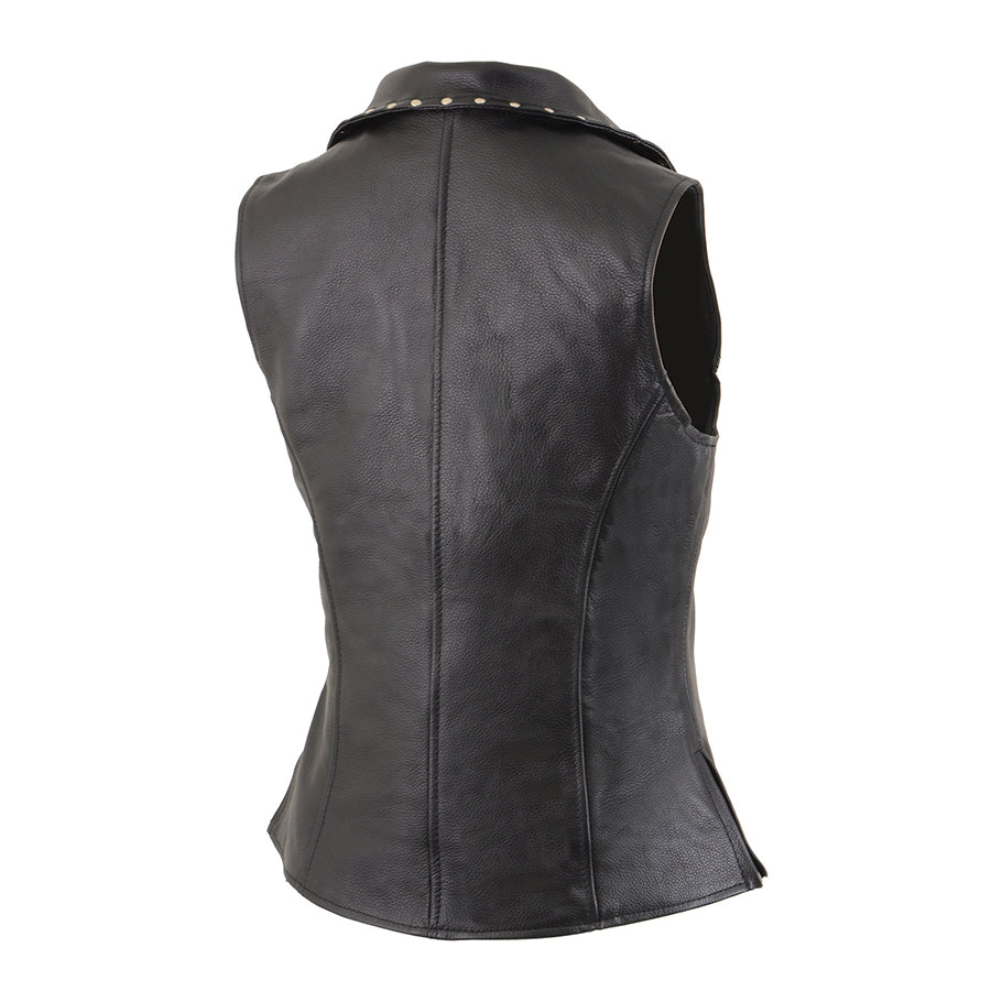 Ladies Leather Zipper Front Vest with Riveted M/C Lapel Collar