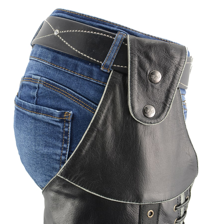 Women's Distressed Beltless Leather Chaps with Lace & Star Accents