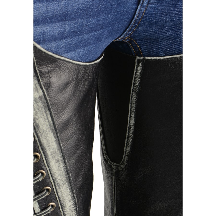Women's Distressed Beltless Leather Chaps with Lace & Star Accents