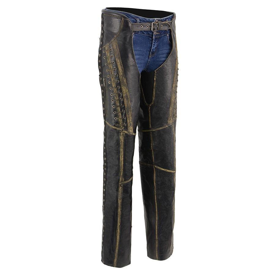 Women's Distressed Beltless Leather Chaps with Lace & Star Accents