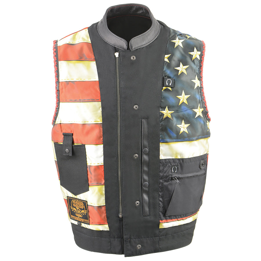 Men’s Club Style Leather Vest with Red Stitching & Laced Arm Holes