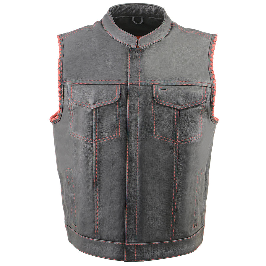 Men’s Club Style Leather Vest with Red Stitching & Laced Arm Holes