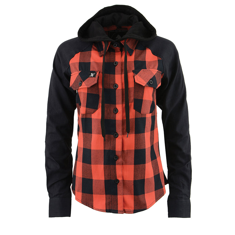 WOMEN’S BUTTON FRONT LONG SLEEVE COTTON FLANNEL SHIRT W/ DETACHABLE HOOD
