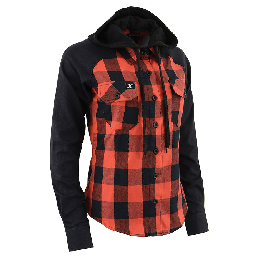 WOMEN’S BUTTON FRONT LONG SLEEVE COTTON FLANNEL SHIRT W/ DETACHABLE HOOD
