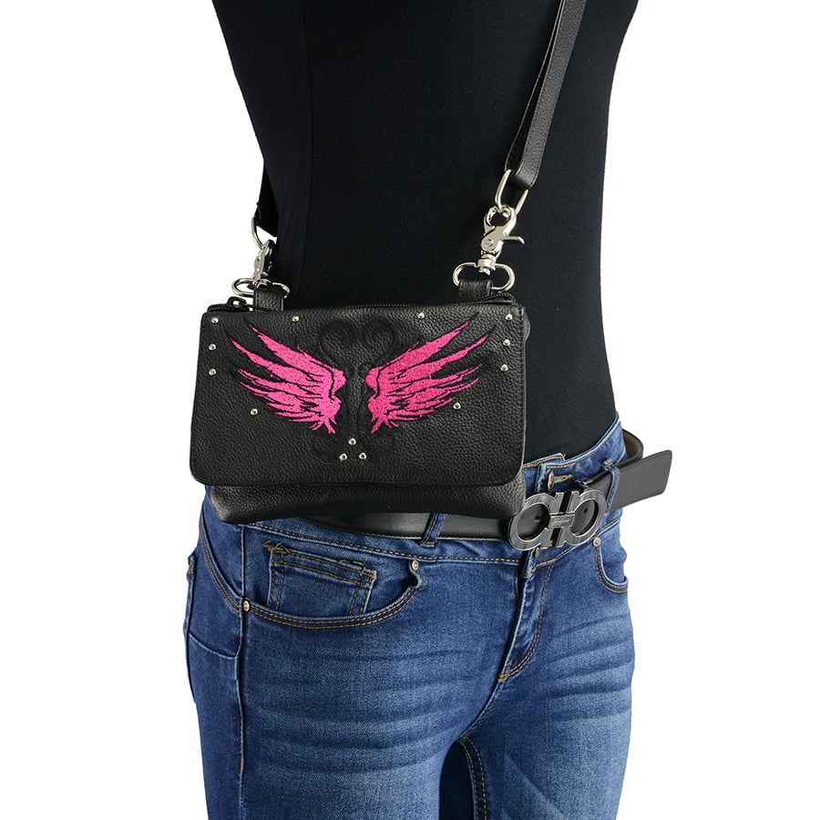Women Leather Multi Pocket Belt Bag w/ Holster-Wings