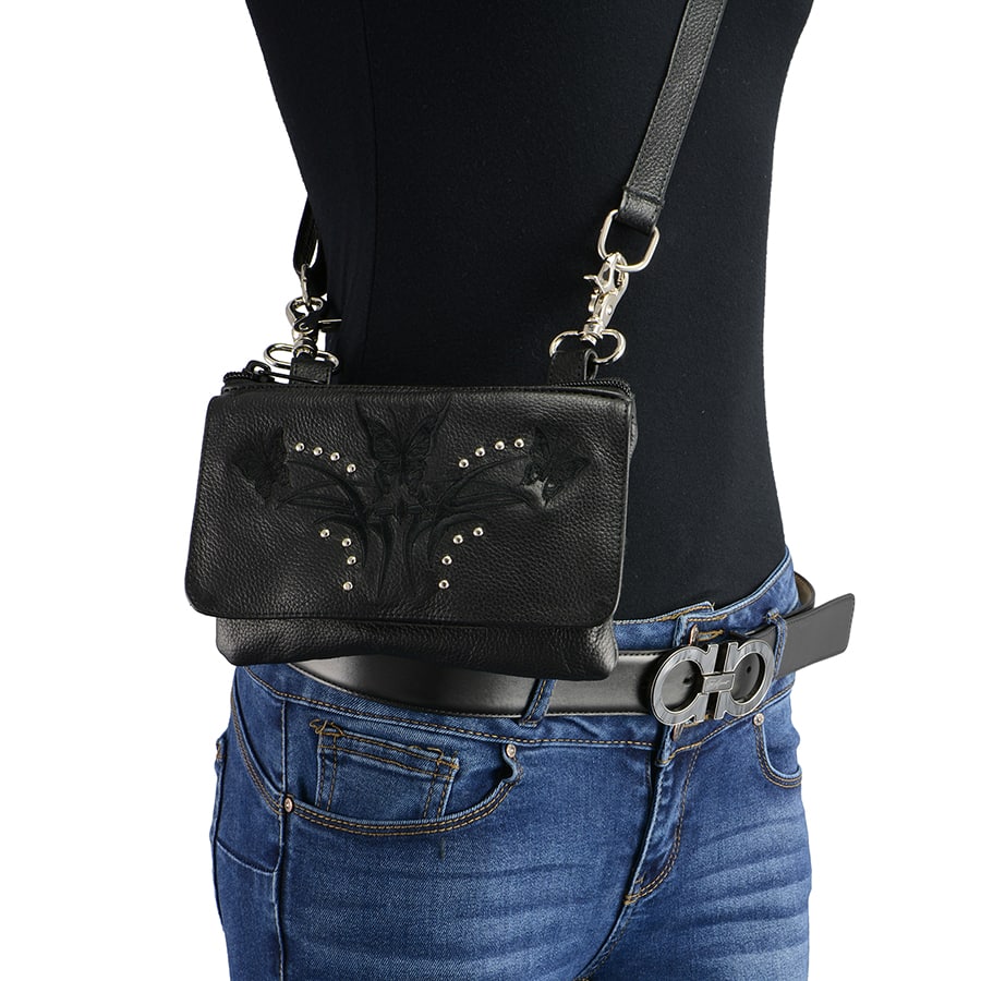 Women Leather Multi Pocket Belt Bag w/ Holster-Butterfly