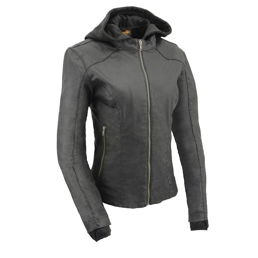Women's Black Zipper Front Jacket with Full Sleeve Removable Hoodie