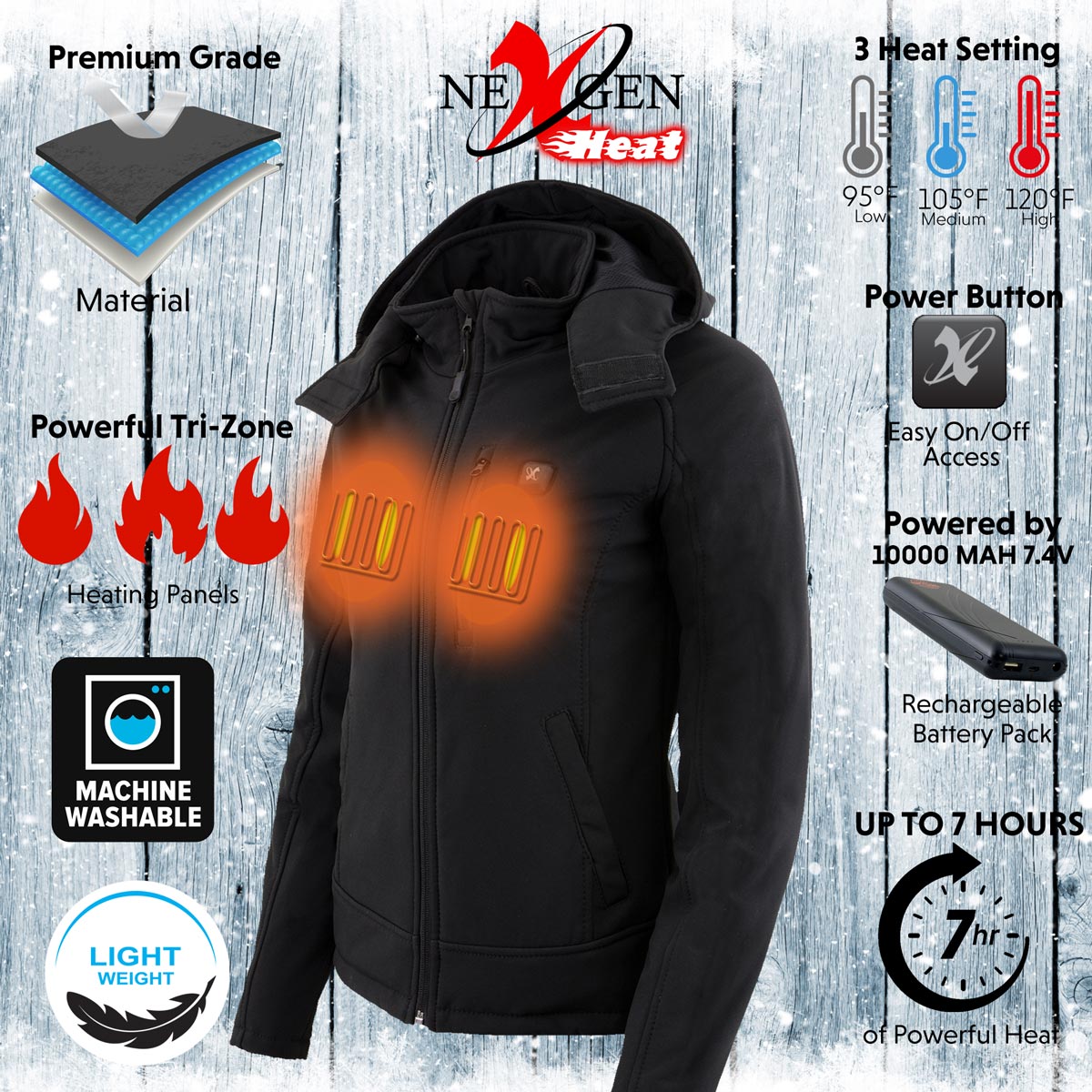 Women’s Black Heated Soft Shell Hooded Jacket with Included Battery Pack