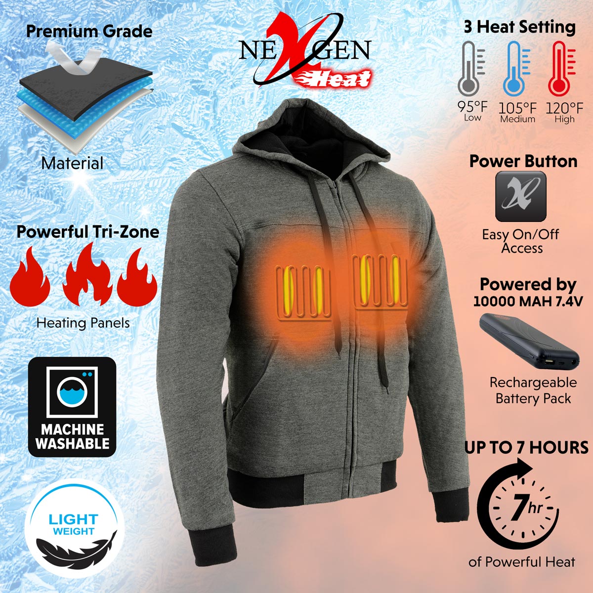 Men’s Zipper Front Heated Hoodie w/ Front & Back Heating Elements