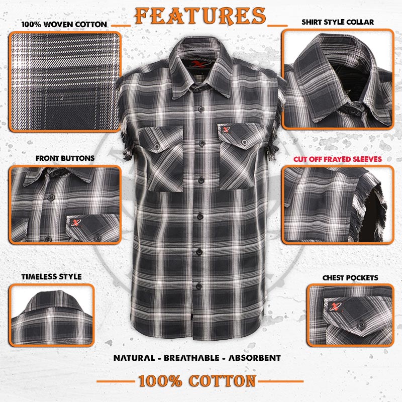 Men’s Black & White Frayed Sleeveless Flannel