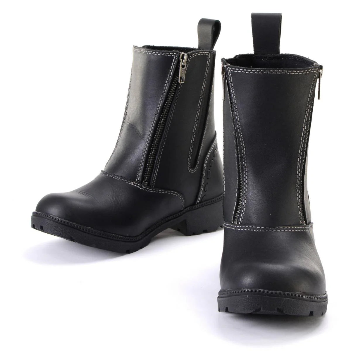 Women's Black Leather Motorcycle Riding Boots with Dual Zipper Closure