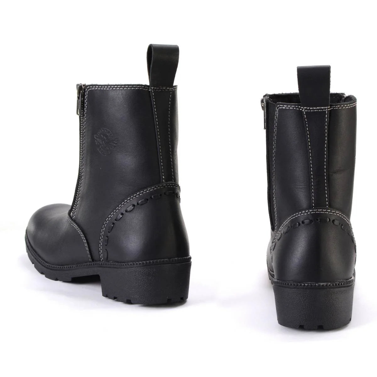 Women's Black Leather Motorcycle Riding Boots with Dual Zipper Closure
