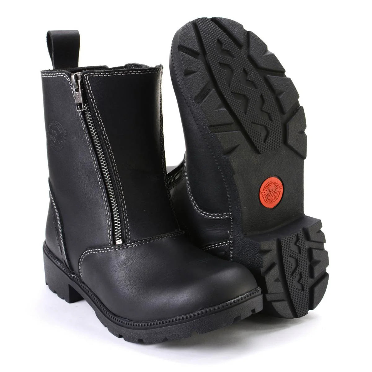 Women's Black Leather Motorcycle Riding Boots with Dual Zipper Closure
