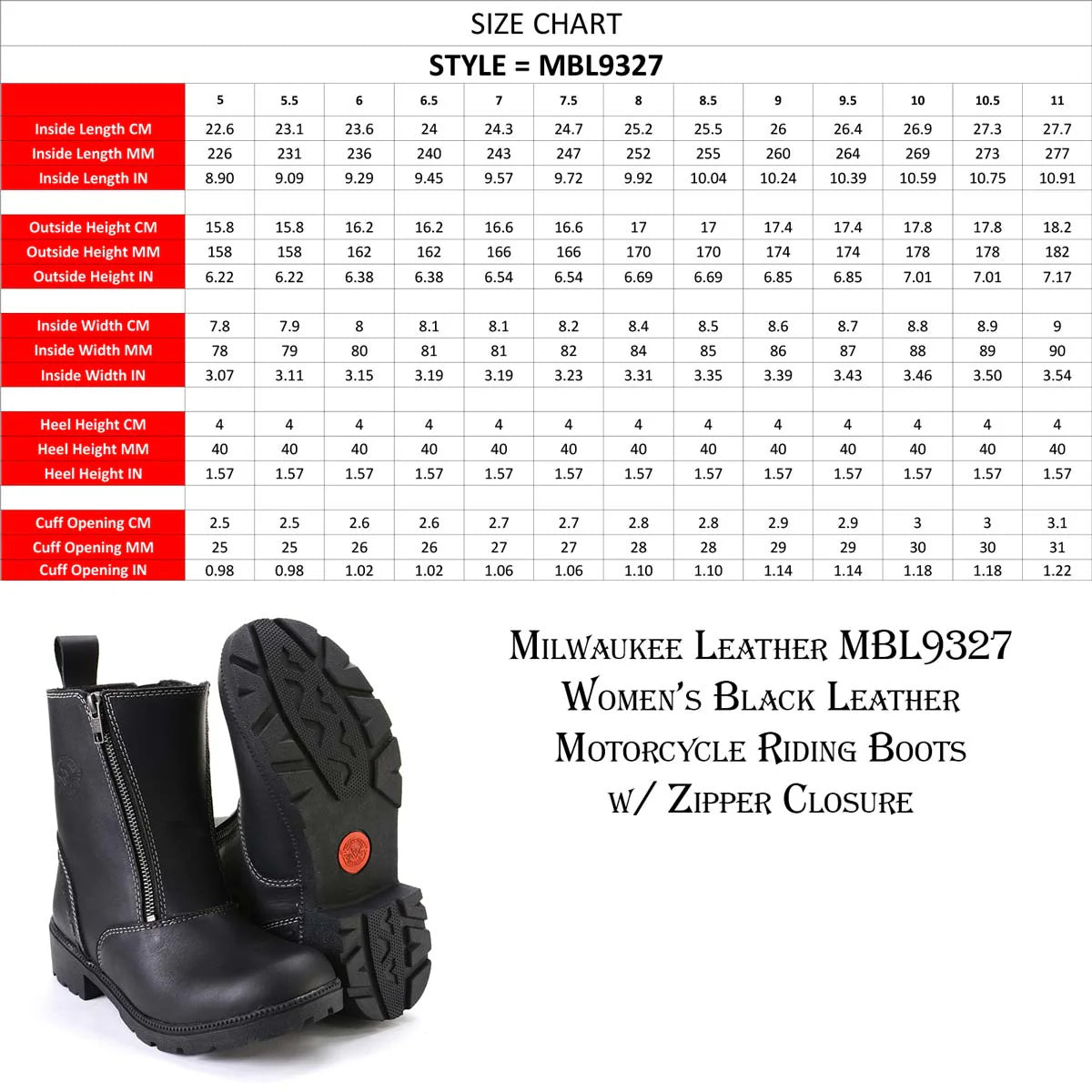 Women's Black Leather Motorcycle Riding Boots with Dual Zipper Closure