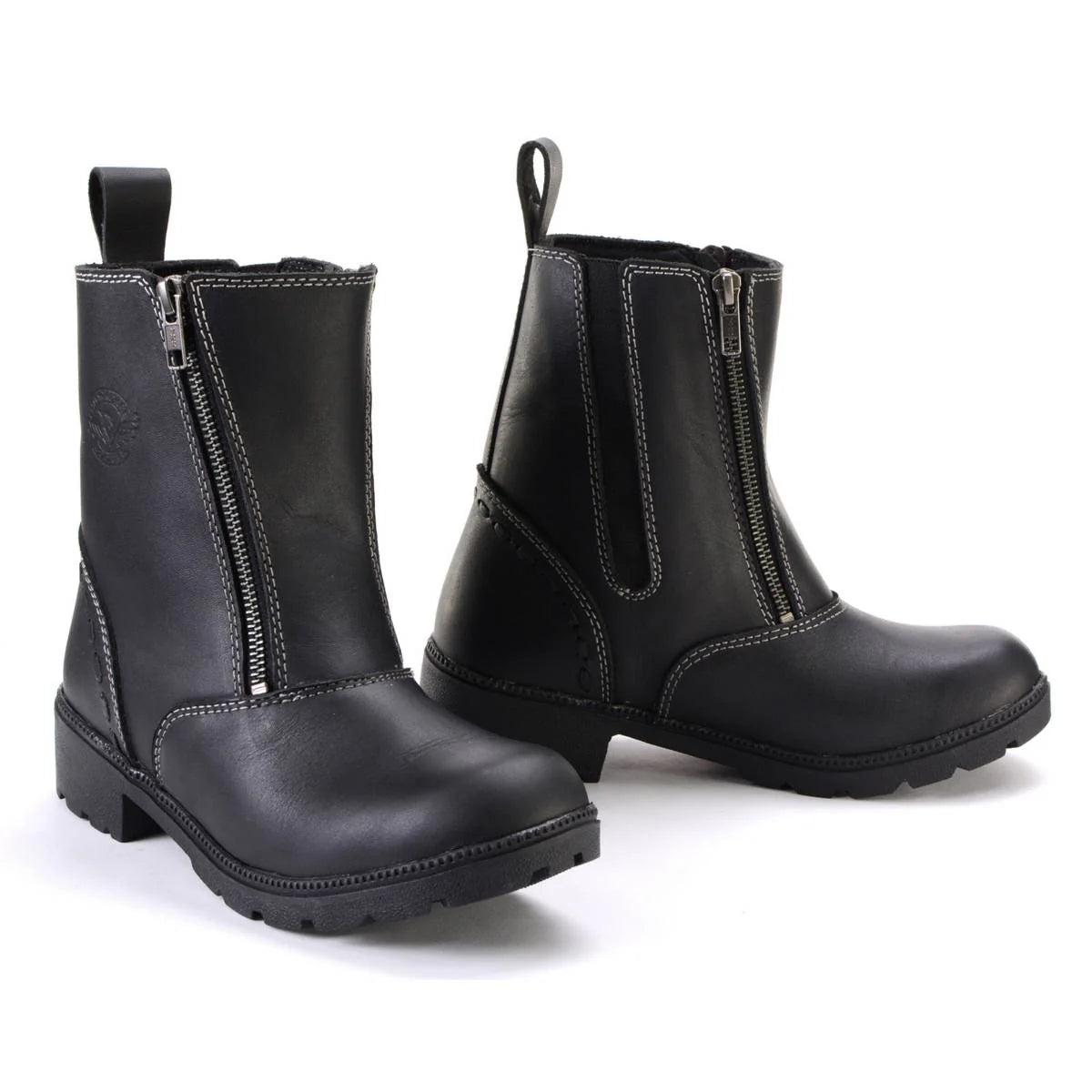 Women's Black Leather Motorcycle Riding Boots with Dual Zipper Closure
