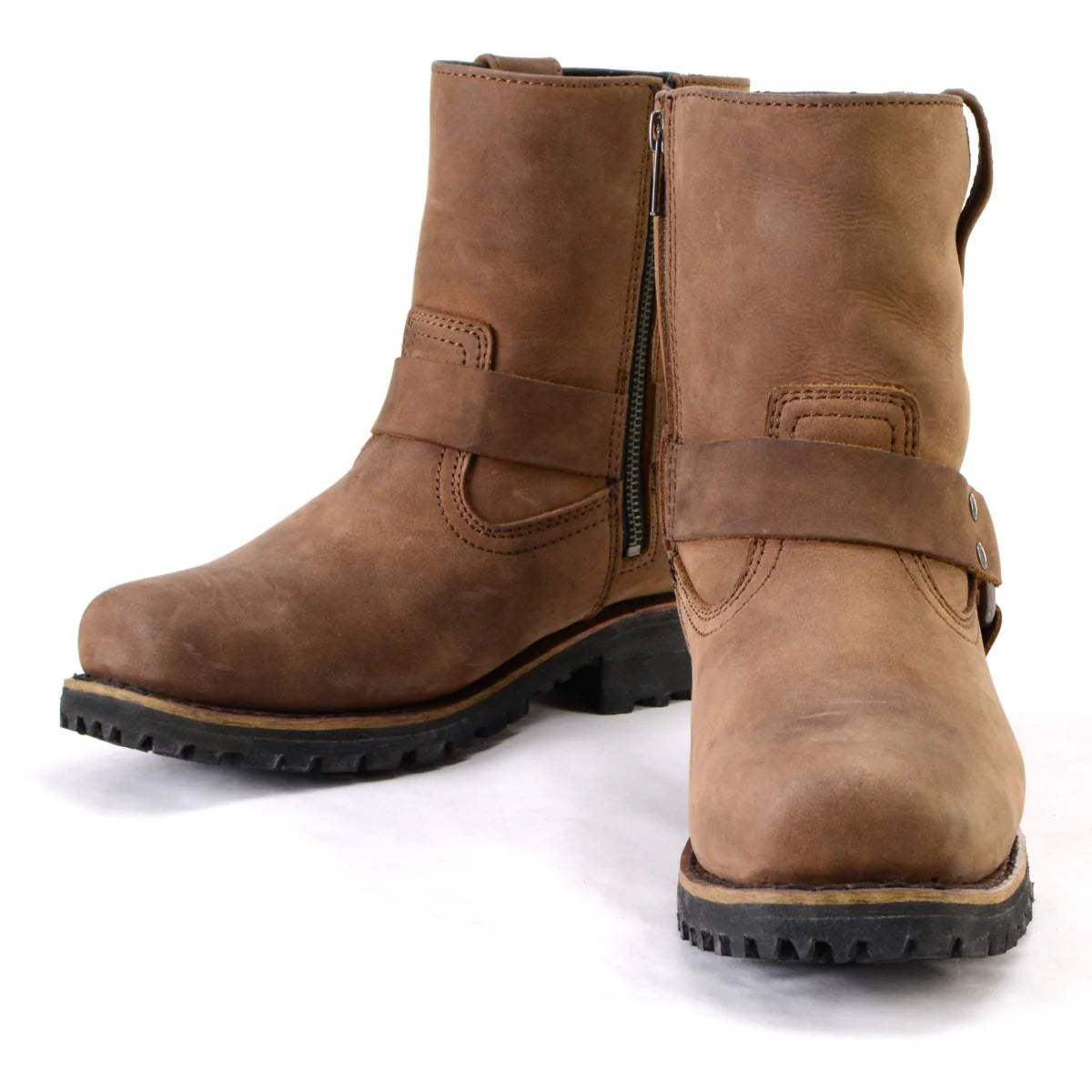 Women’s Crazy Horse Brown Leather Motorcycle Rider Short Harness Boots