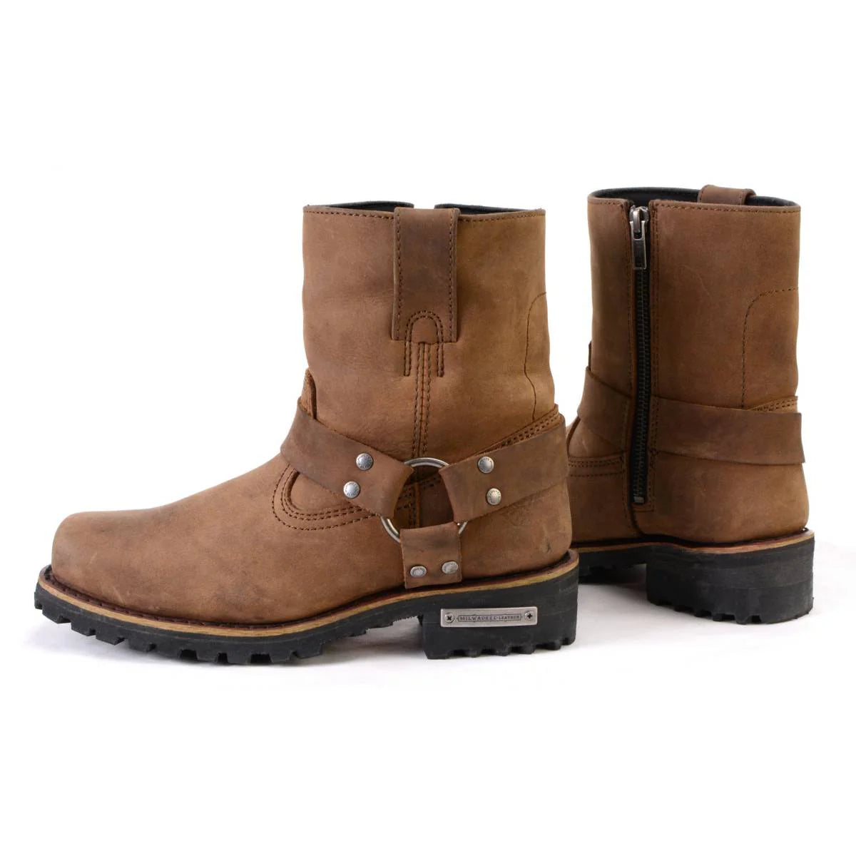 Women’s Crazy Horse Brown Leather Motorcycle Rider Short Harness Boots