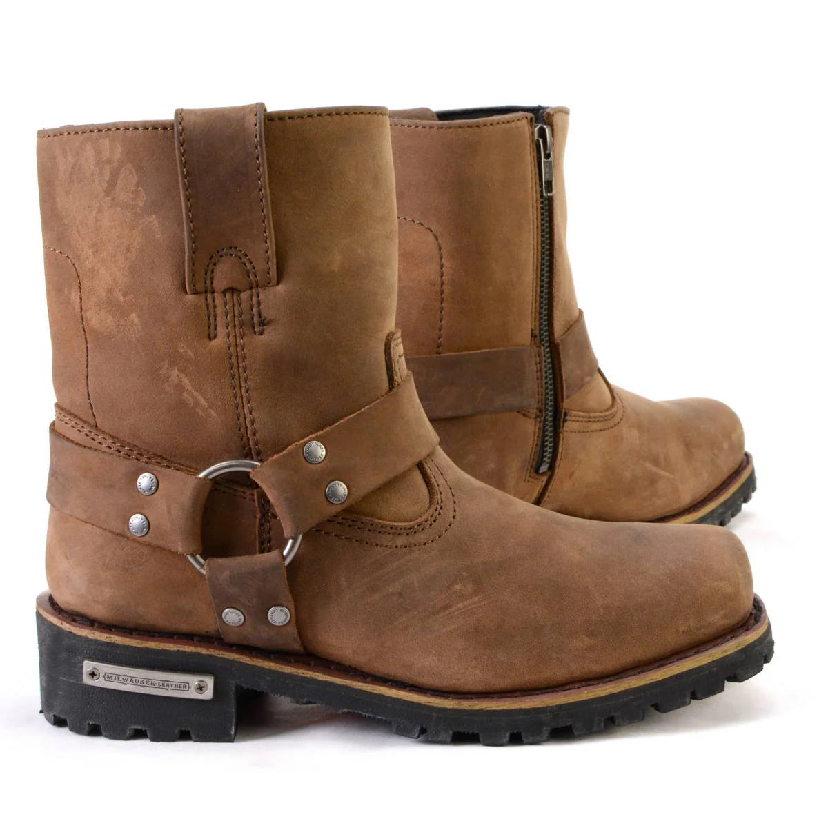 Women’s Crazy Horse Brown Leather Motorcycle Rider Short Harness Boots