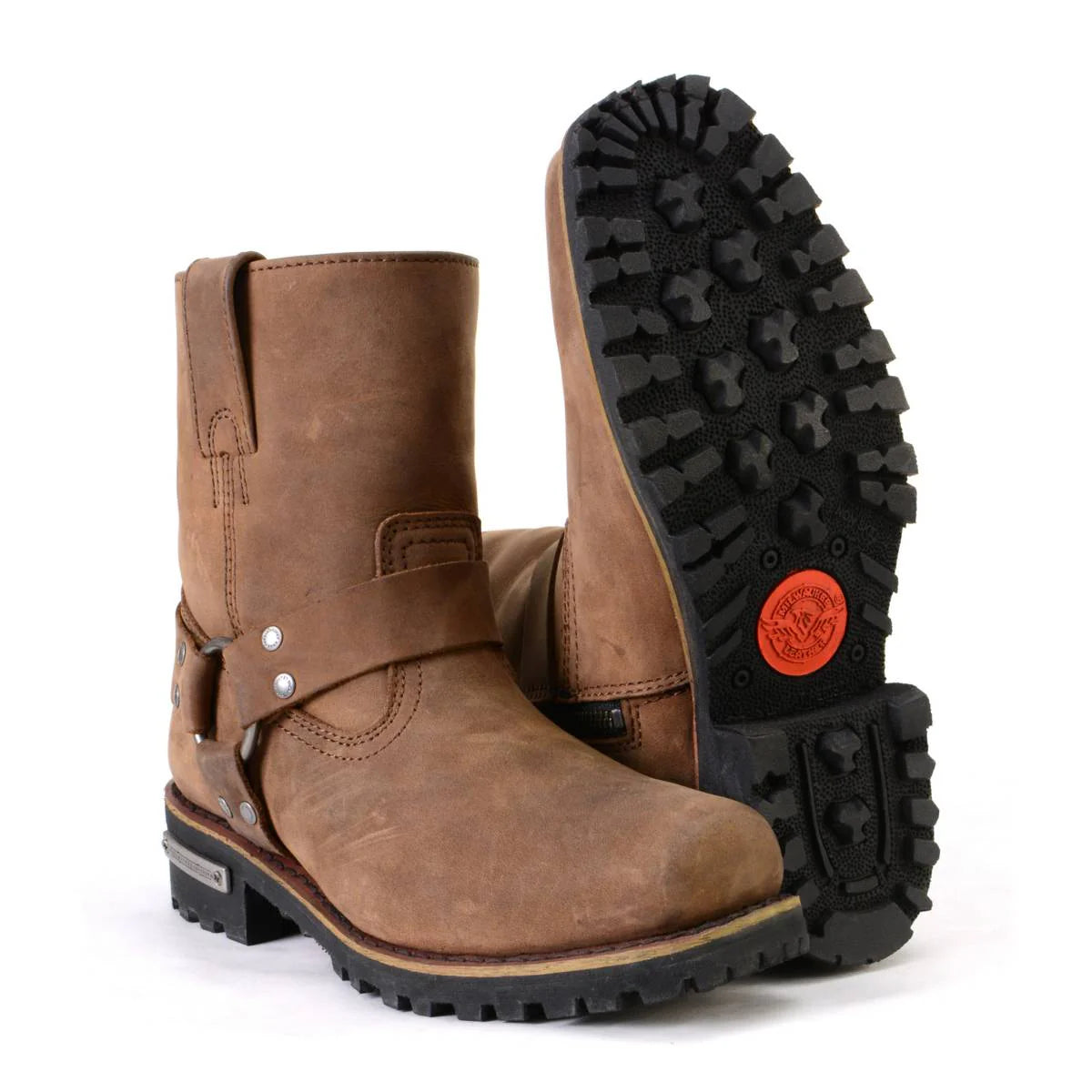 Women’s Crazy Horse Brown Leather Motorcycle Rider Short Harness Boots