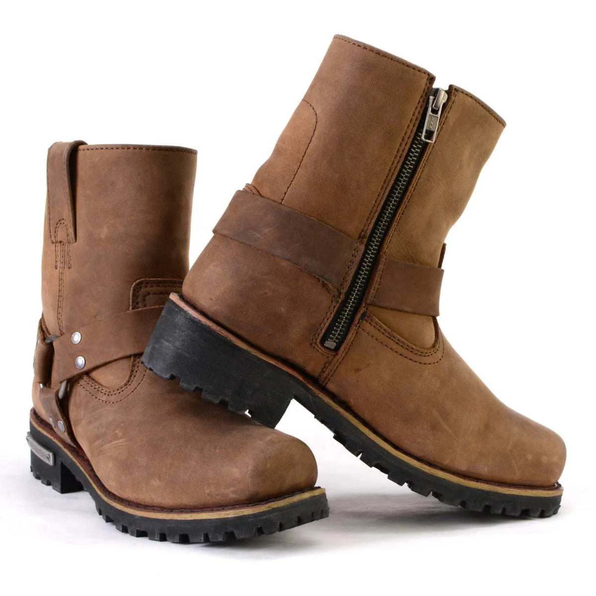Women’s Crazy Horse Brown Leather Motorcycle Rider Short Harness Boots