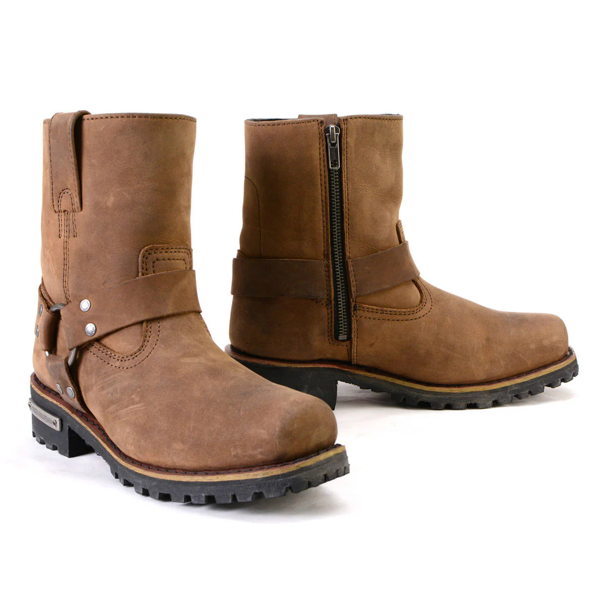 Women’s Crazy Horse Brown Leather Motorcycle Rider Short Harness Boots