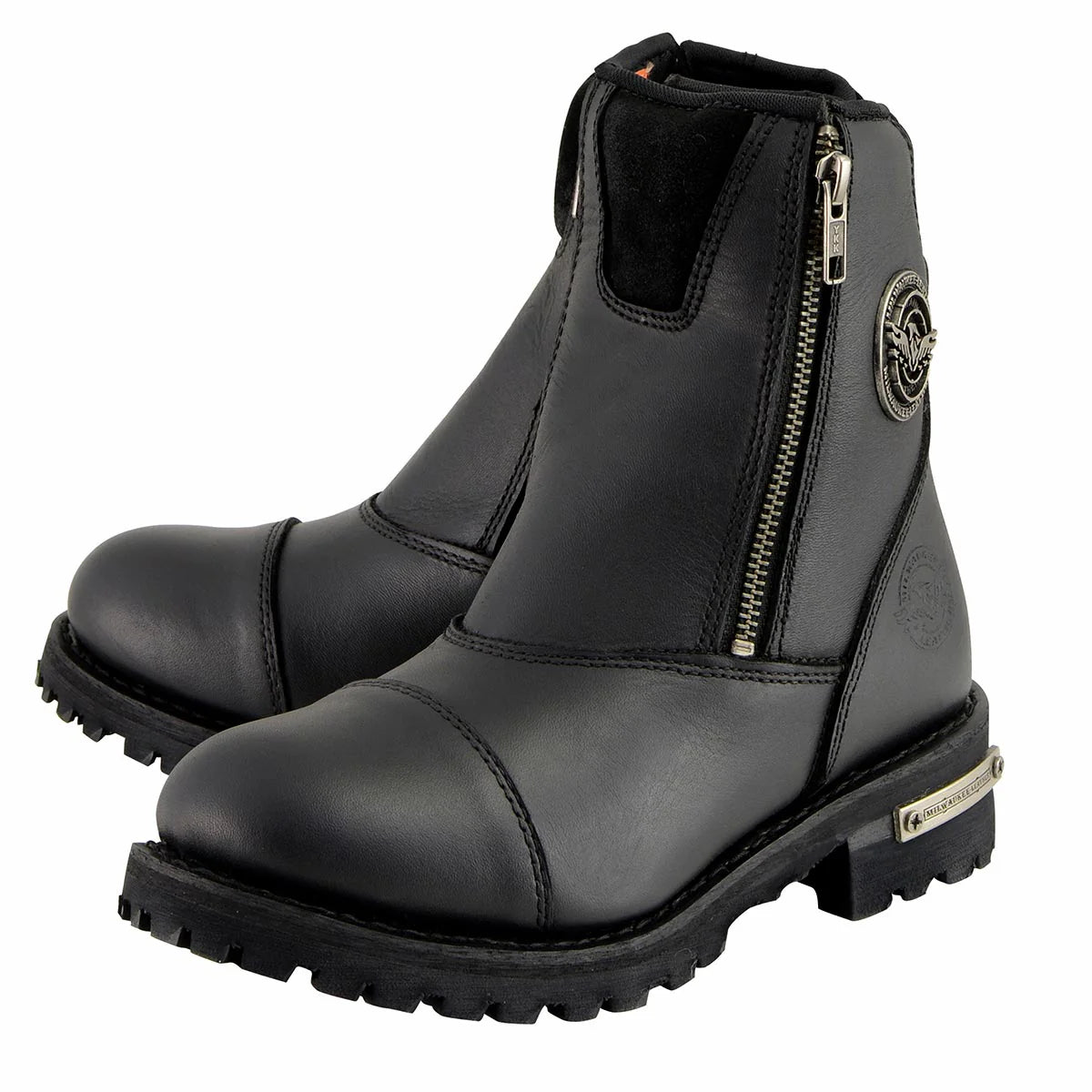 Men's Black Smooth Double Sided Zipper Entry Motorcycle Leather Boots
