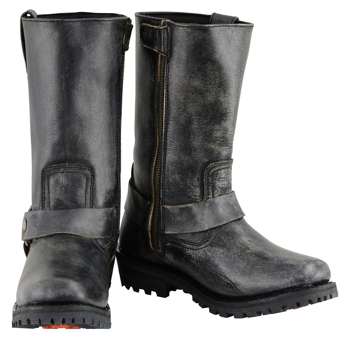Men's Distressed Gray Leather 11-inch Classic Harness Square Toe Motorcycle Boots