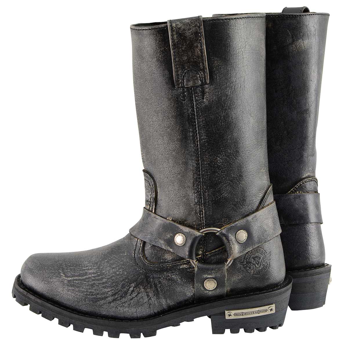Men's Distressed Gray Leather 11-inch Classic Harness Square Toe Motorcycle Boots