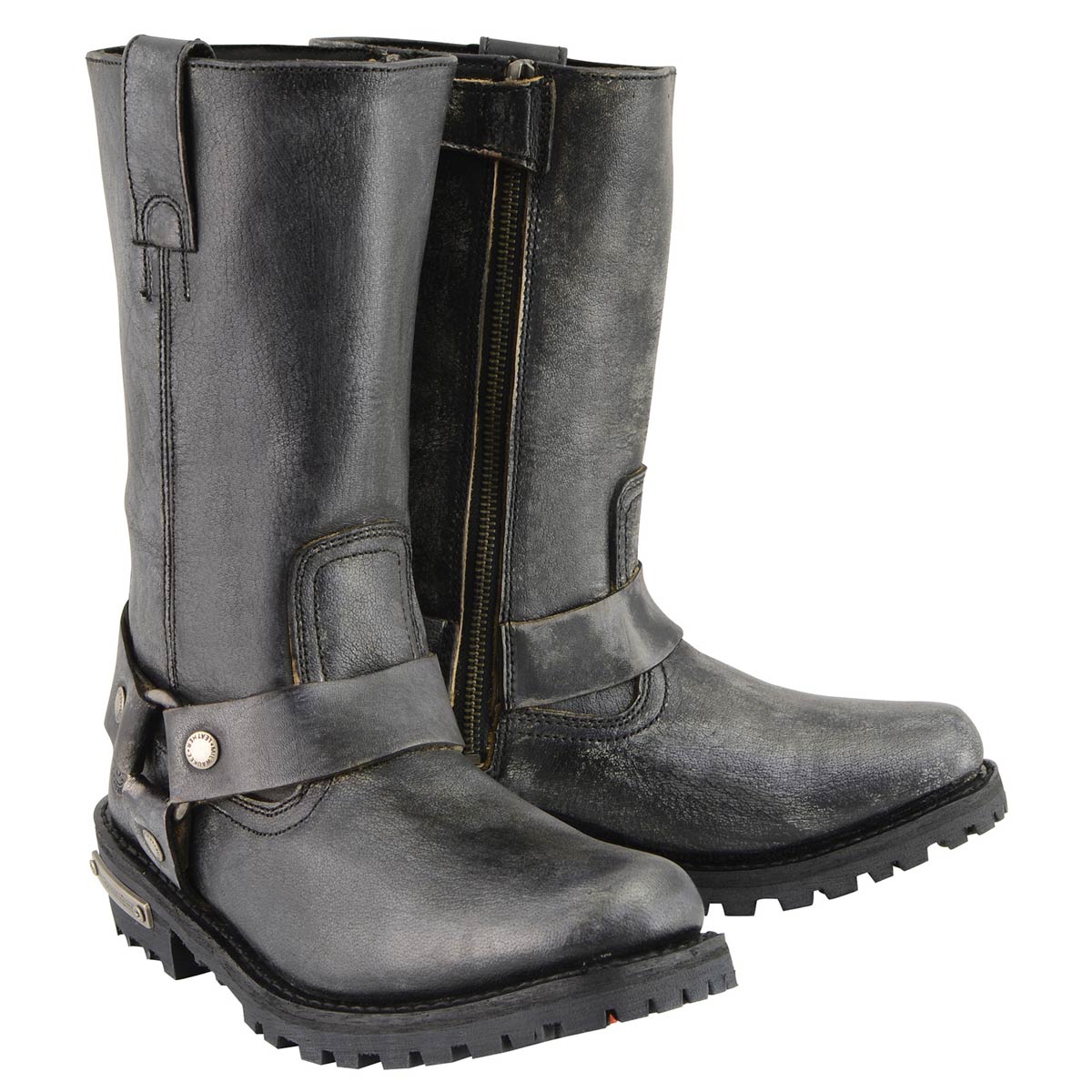 Men's Distressed Gray Leather 11-inch Classic Harness Square Toe Motorcycle Boots