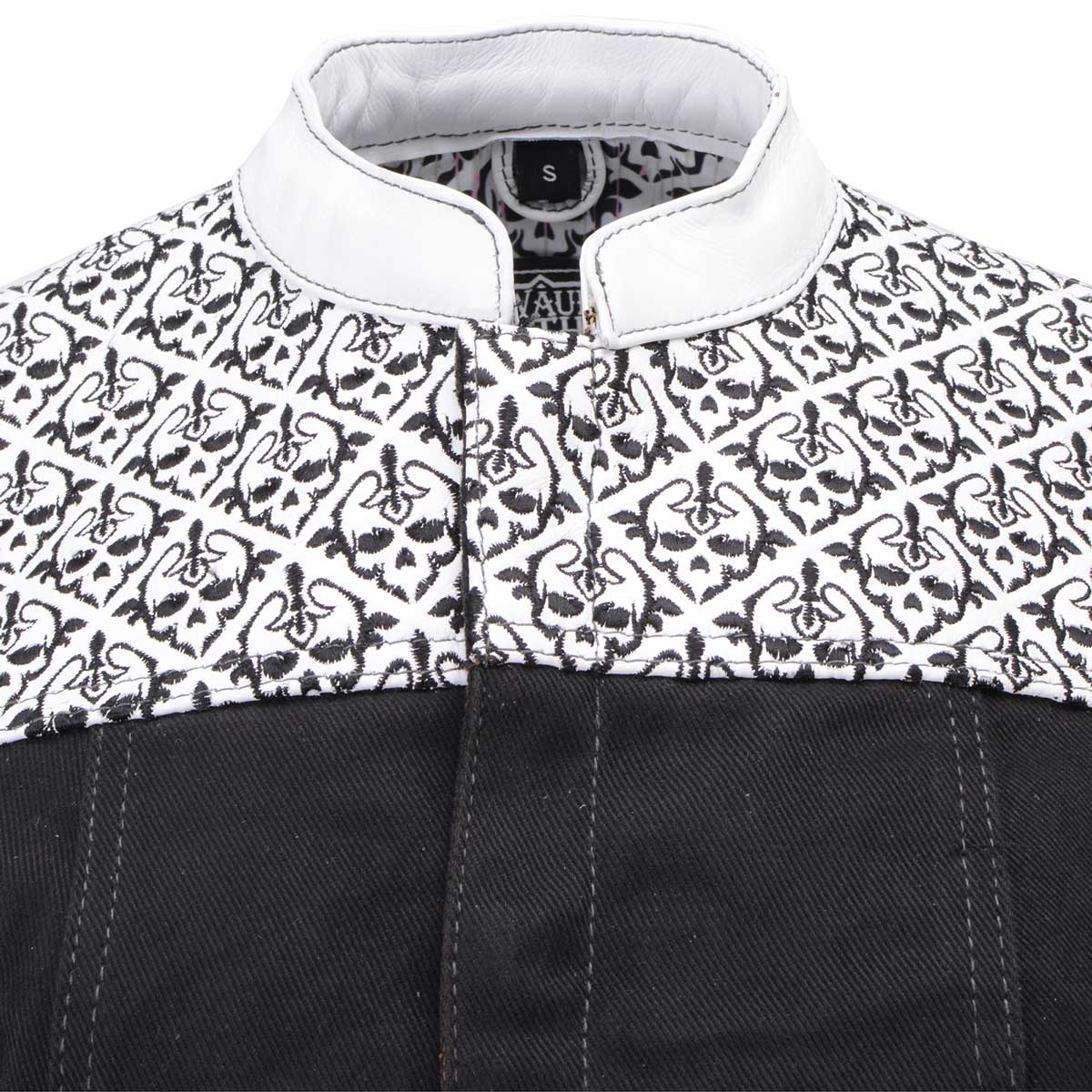 Women's 'Skelly' Black With White Motorcycle Denim Vest W/ Skull Embroidery