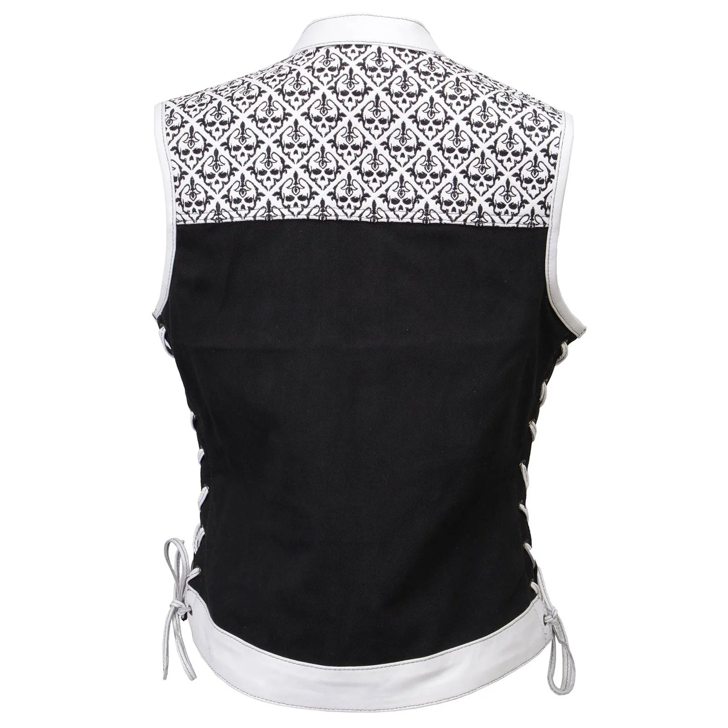 Women's 'Skelly' Black With White Motorcycle Denim Vest W/ Skull Embroidery