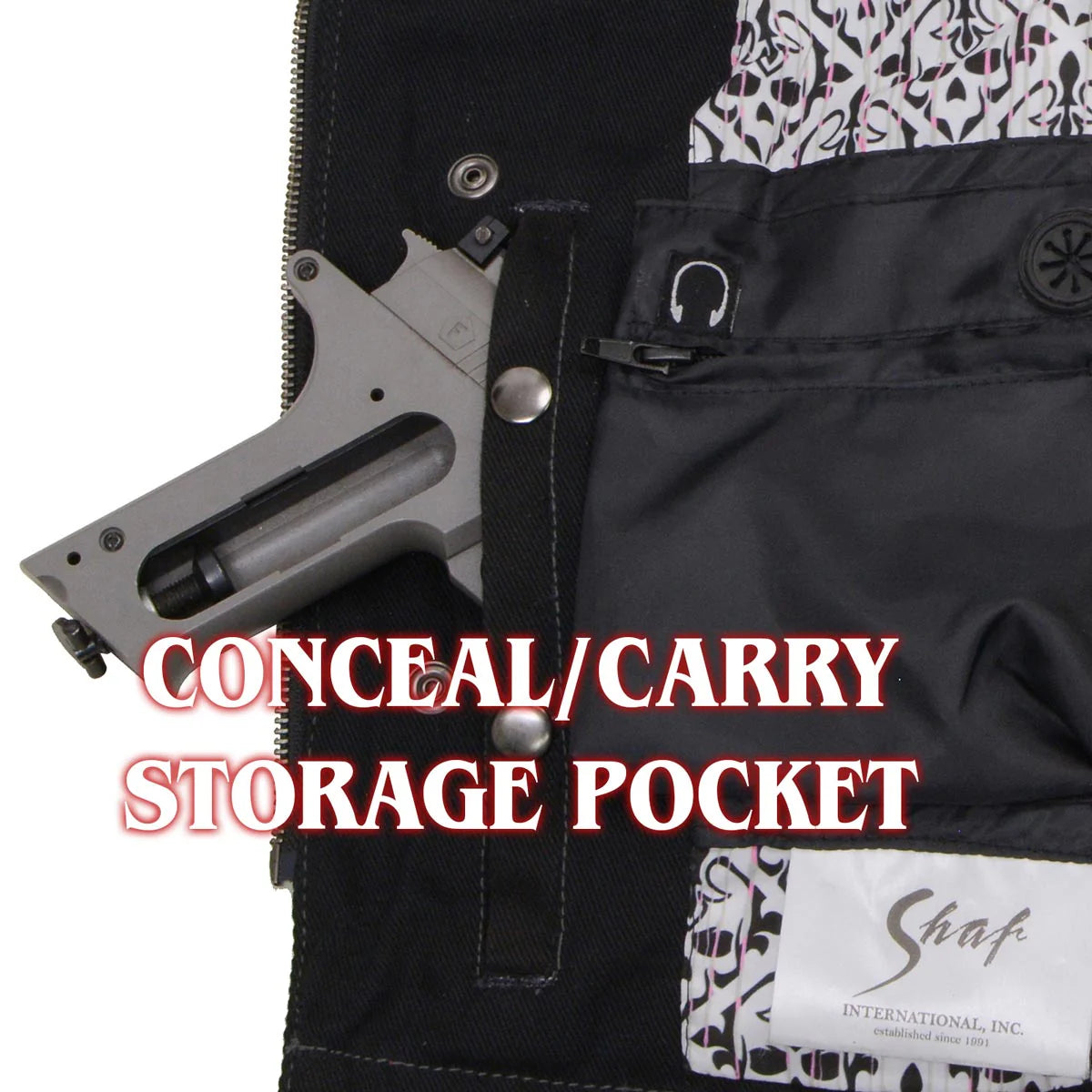 Women's 'Skelly' Black With White Motorcycle Denim Vest W/ Skull Embroidery