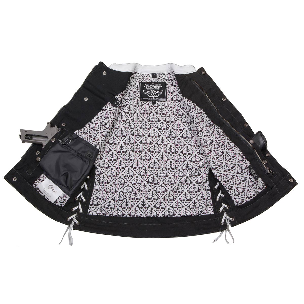 Women's 'Skelly' Black With White Motorcycle Denim Vest W/ Skull Embroidery