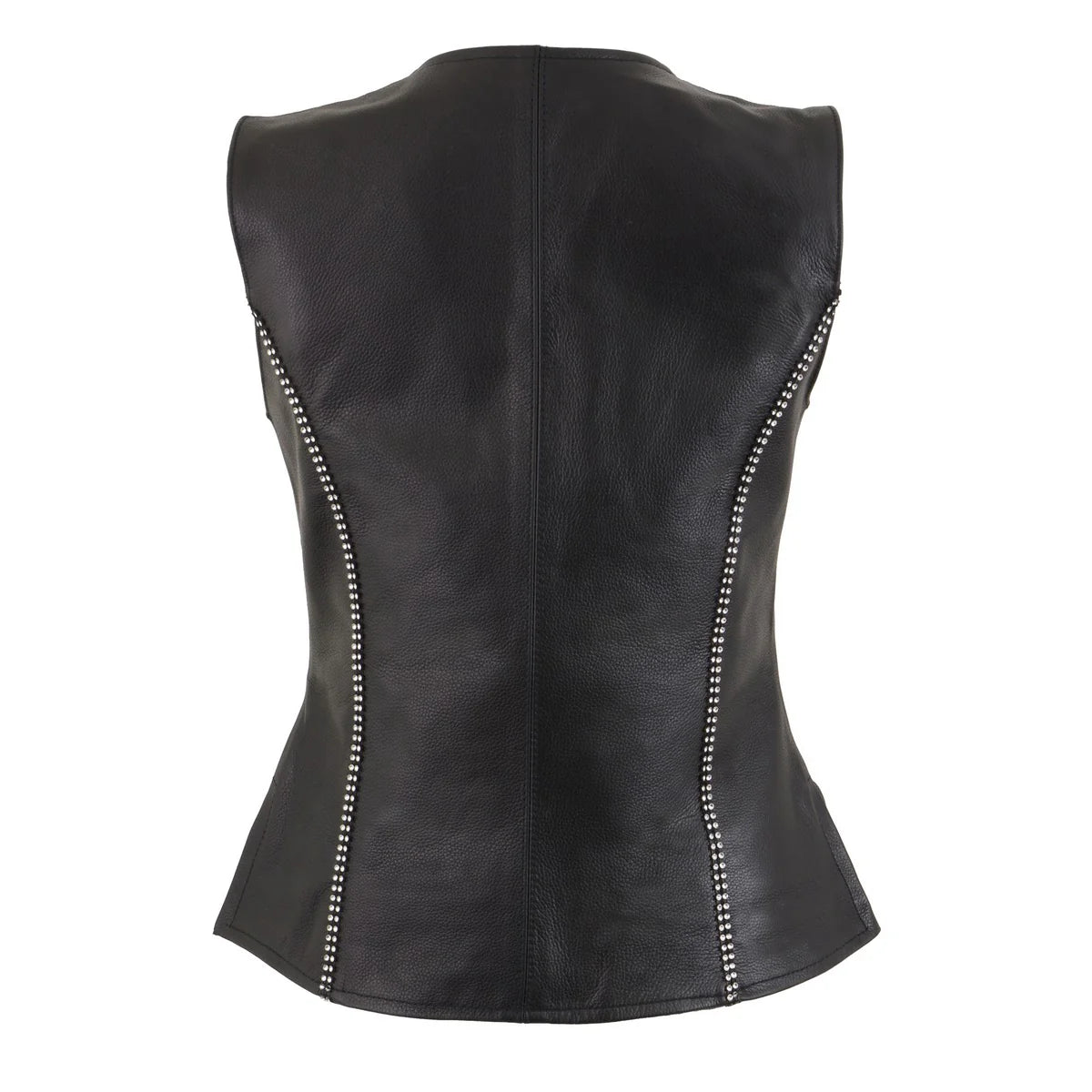 Women's Black Leather Classic V-Neck Motorcycle Rider Vest with Rhinestone Bling Detail
