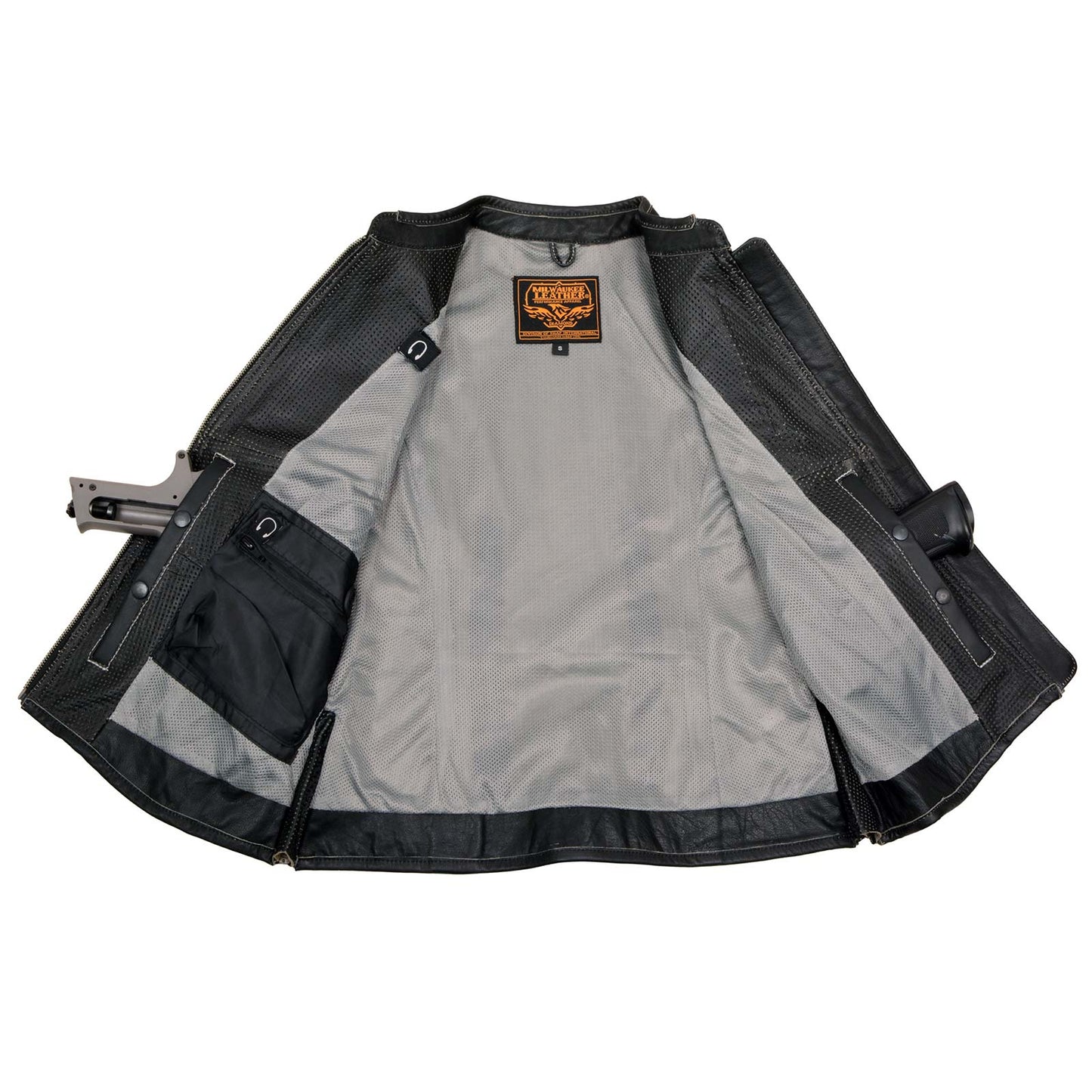 Women's Black Leather Grey Accented Laser Cut Vented Scuba Style Motorcycle Rider Vest