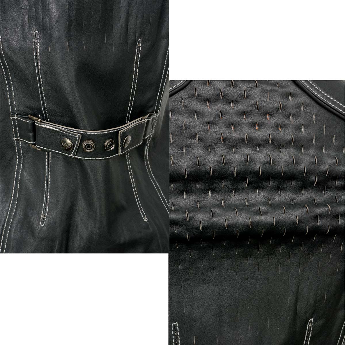 Women's Black Leather Grey Accented Laser Cut Vented Scuba Style Motorcycle Rider Vest