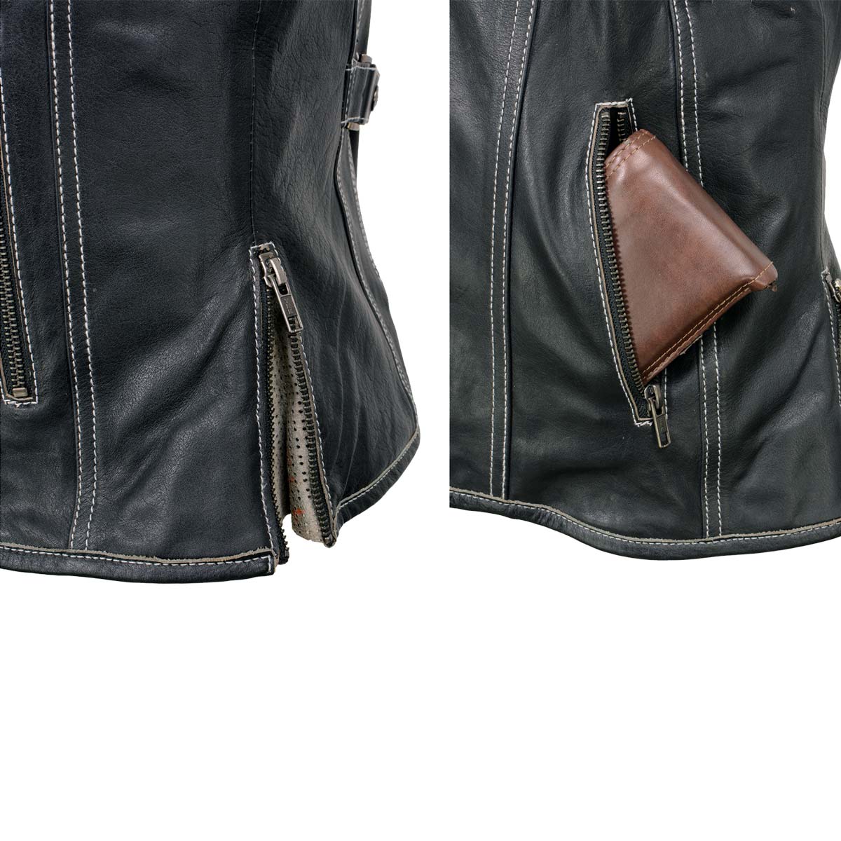 Women's Black Leather Grey Accented Laser Cut Vented Scuba Style Motorcycle Rider Vest