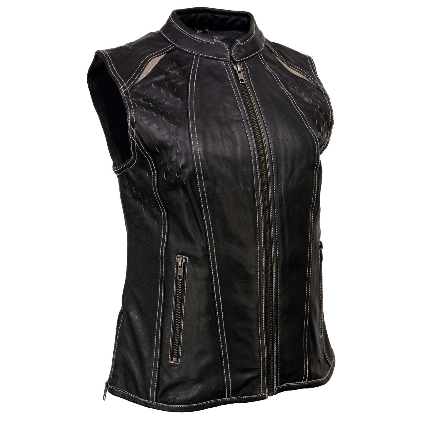 Women's Black Leather Grey Accented Laser Cut Vented Scuba Style Motorcycle Rider Vest