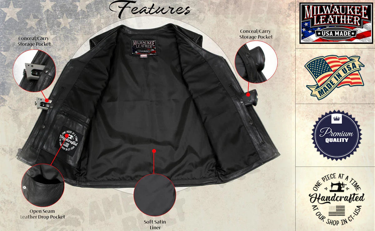 Men's Black 'Slinger' V-Neck Motorcycle Premium Leather Zippered Vest