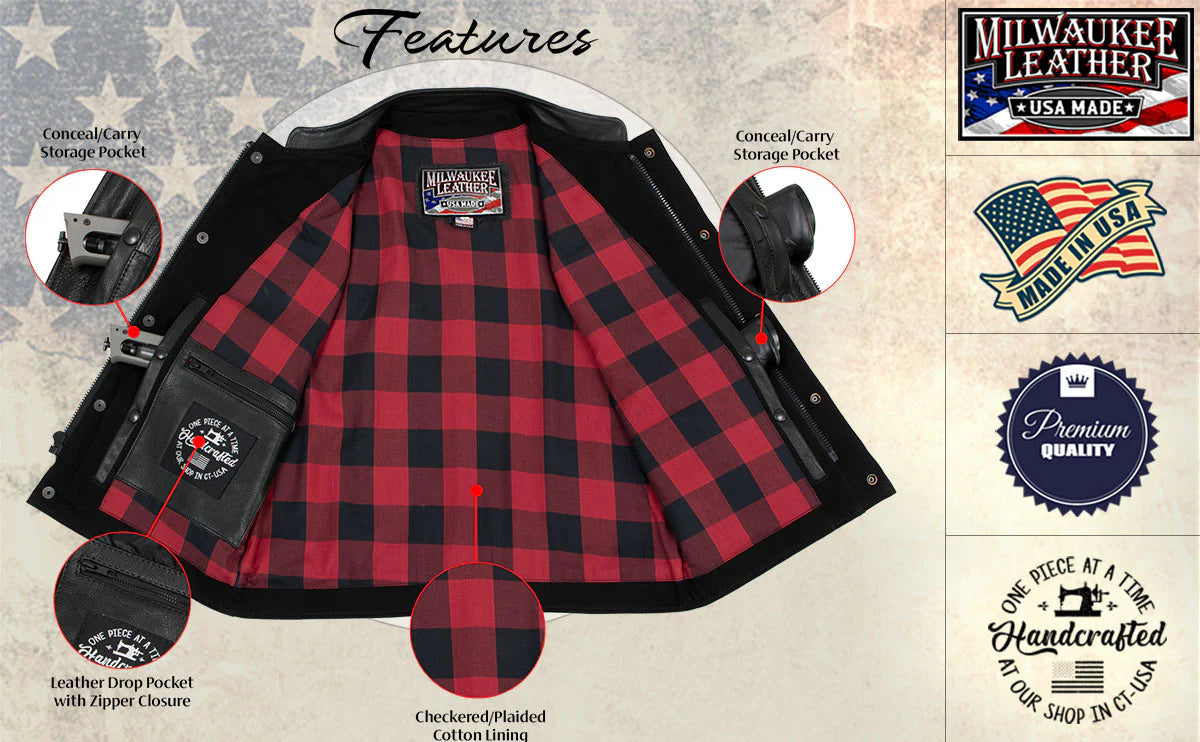 Men's Black 'Burn Out' Denim and Leather Motorcycle Vest with Plaid Red Lining