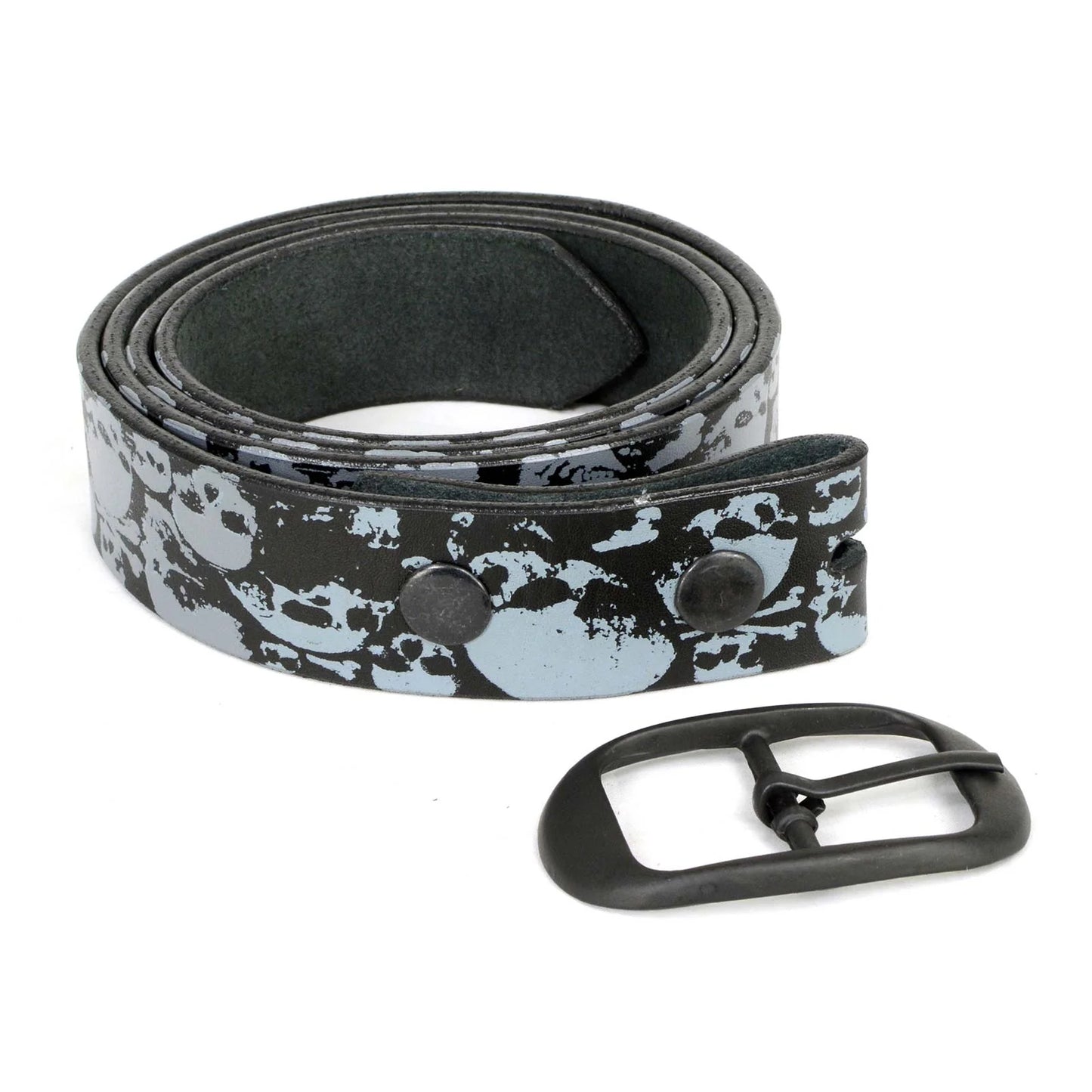 Men's Grey Skull Heads Black Genuine Leather Biker Belt with Interchangeable Buckle