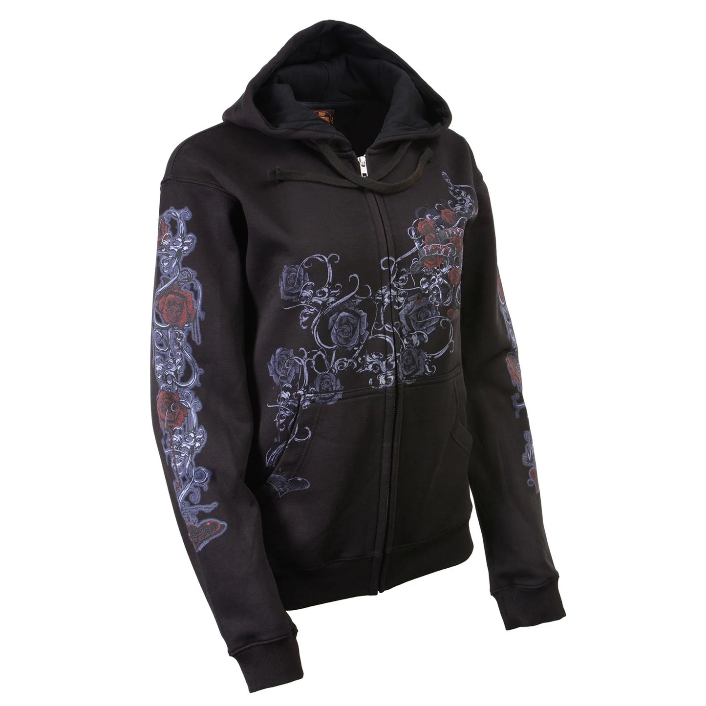 Women's Black Hoodie Sweatshirt with Live, Love, Ride and Roses Artwork Print