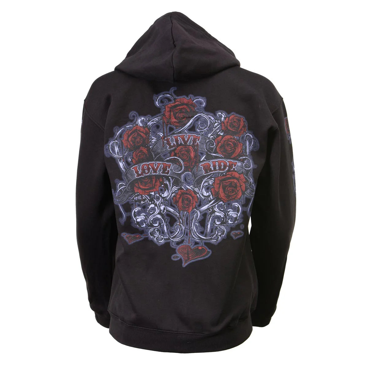 Women's Black Hoodie Sweatshirt with Live, Love, Ride and Roses Artwork Print