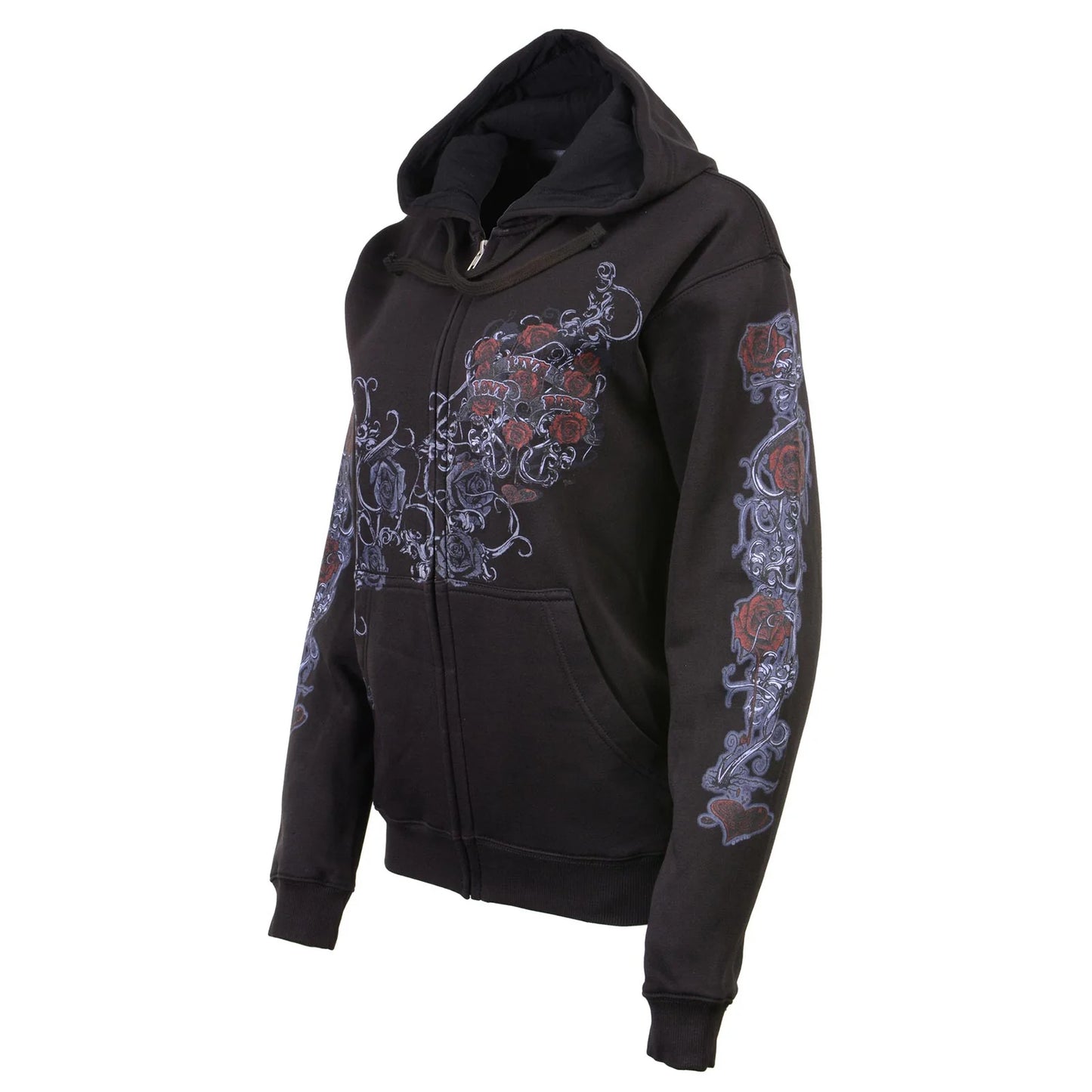 Women's Black Hoodie Sweatshirt with Live, Love, Ride and Roses Artwork Print