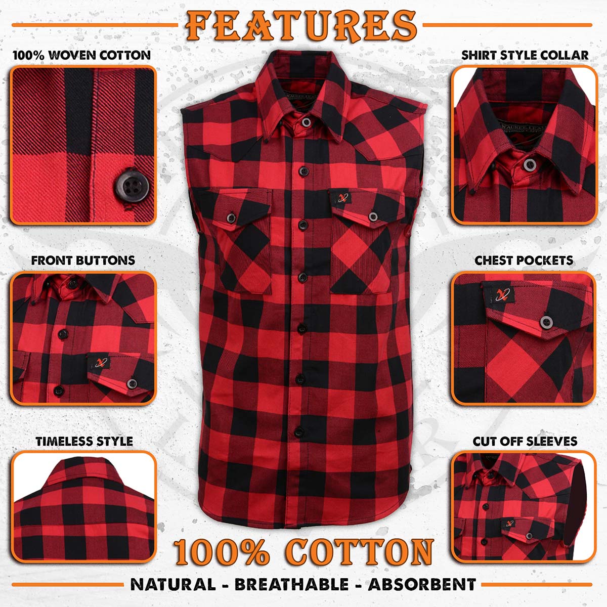 Men's Button-Down Flannel Cut Off Sleeveless Casual Shirt